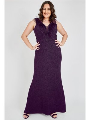 Büyük Beden Patlıcan Uzun Abiye Elbise