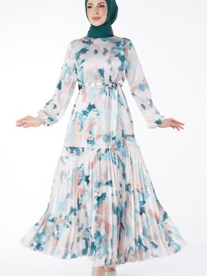 Düz Bisiklet Yaka Mint Eteği Pilise Detaylı Desenli Abiye Elbise
