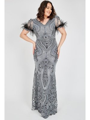 Büyük Beden Gümüş Uzun Abiye Elbise