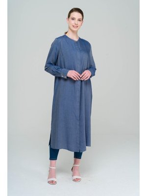 Mavi Sıfır Yaka Uzun Tunik