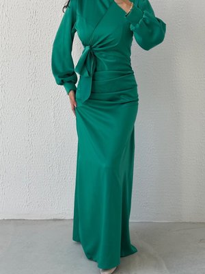 Büzgü Ve Düğüm Detaylı Saten Abiye Elbise Açık Yeşil Büzgü Ve Düğüm Detaylı Saten Abiye Elbise Açık Yeşil