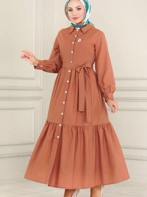 Koyu Somon Önü Düğmeli Elbise Koyu Somon Önü Düğmeli Elbise