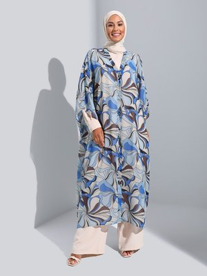 Çiçek Desenli Önden Düğmeli Ferace Ekru Saks