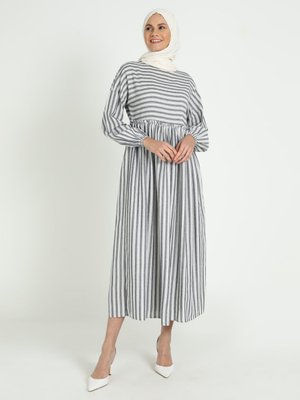 Siyah Kol Ucu Lastikli Çizgili Elbise