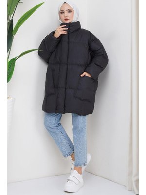 Siyah Oversize Torba Cep Şişme Mont