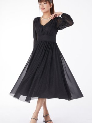 Düz Orta Siyah V Yaka Büzgülü Elbise