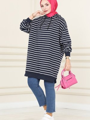 Lacivert Çizgili Oversize Sweatshirt Lacivert Çizgili Oversize Sweatshirt