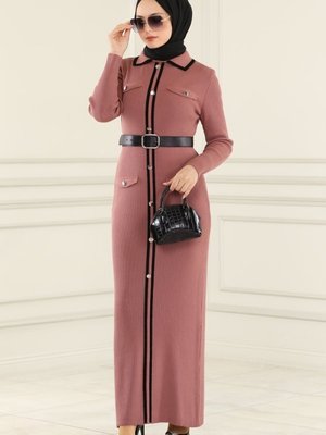 Gül Kurusu Aksesuar Düğmeli Triko Elbise