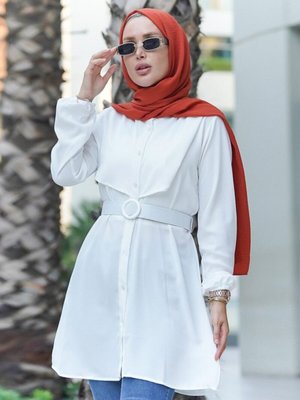 Beli Kemerli Pelerinli Aerobin Tunik Beyaz