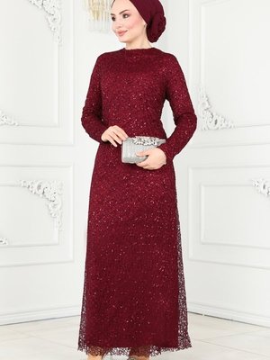 Bordo Pul Detaylı Abiye Elbise Bordo Pul Detaylı Abiye Elbise
