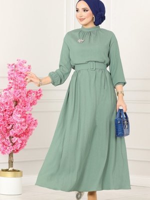 Mint Kaplama Kemerli Bürümcük Elbise