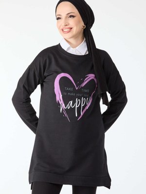 Sıyah Bisiklet Yaka Baskılı Uzun Kollu Sweatshirt