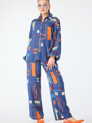 Indıgo Geometrik Desenli Gömlek Ve Pantolon İkili Takım