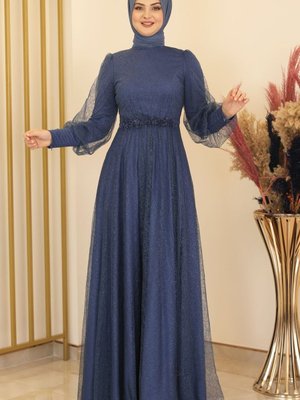 Simli Gamze Abiye Elbise Lacivert Design