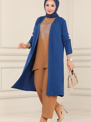 Latte & İndigo Taş Detaylı Üçlü Takım Latte & İndigo Taş Detaylı Üçlü Takım