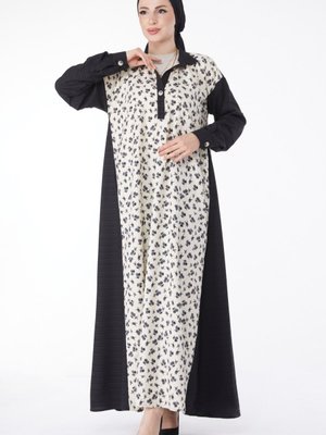 Düz Yaka Siyah Desenli Salaş Gömlek Elbise Düz Yaka Siyah Desenli Salaş Gömlek Elbise