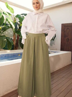 Parça Boya Pileli Pantolon Etek Haki