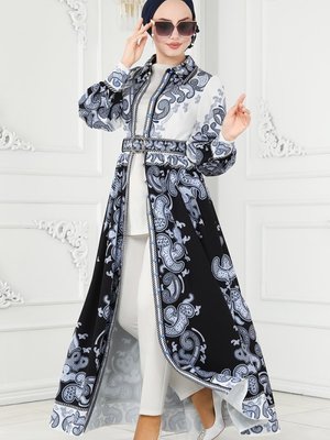 Ekru & Siyah Yaka Atlas Gömlek Elbise