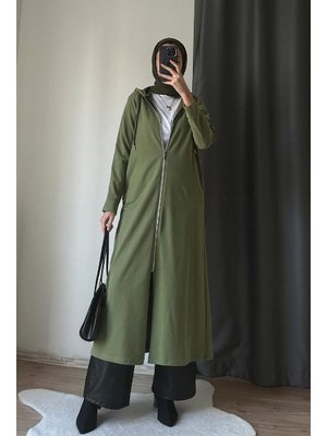 Önden Fermarlı Kapüşonlu Spor Ferace Olive Yeşili