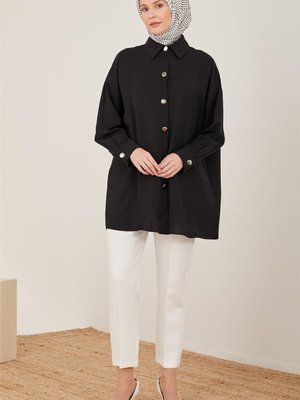 Önü Metal Düğmeli Gömlek Siyah