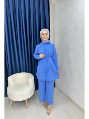 Mavi Cep Kapağı Taş Detaylı İkili Takım