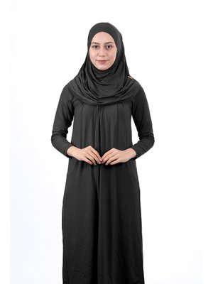 Yaş Kendinden Başörtülü Tek Parça Namaz Elbisesi Siyah Garson Boy