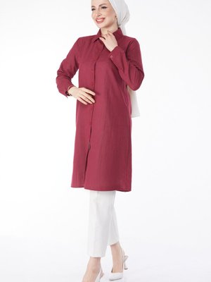 Düz Gömlek Yaka Bordo Tunik