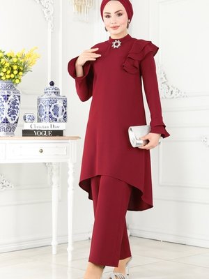 Bordo Omuzu Fırfırlı Krep Takım