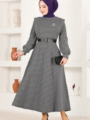 Kazayağı Gri & Siyah Deri Kemerli Kışlık Elbise