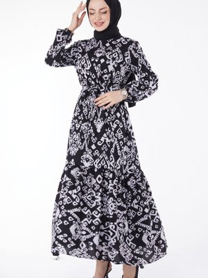 Düz Bisiklet Yaka Beyaz Beli Bağcıklı Desenli Spor Elbise Düz Bisiklet Yaka Beyaz Beli Bağcıklı Desenli Spor Elbise