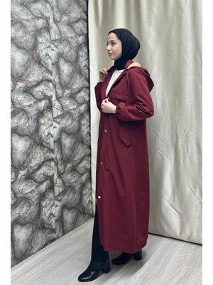 Bordo Belden Kemer Detaylı Uzun Trençkot Bordo Belden Kemer Detaylı Uzun Trençkot
