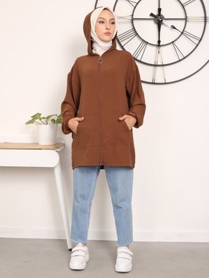 Kahverengi Kanguru Cepli Kapşonlu Hırka Kahverengi Kanguru Cepli Kapşonlu Hırka