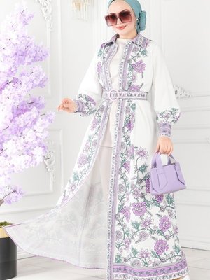 Lila Çiçek Desenli Atlas Elbise