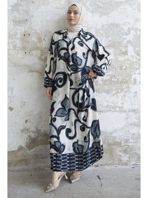 Siyah Gömlek Yaka Desenli Viskon Elbise