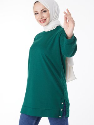 Düz Bisiklet Yaka Zümrüt Yanları Düğme Detaylı Sweatshirt Düz Bisiklet Yaka Zümrüt Yanları Düğme Detaylı Sweatshirt