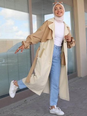 Kahve (camel) Kuşaklı Cepli Iki Renk Trençkot Kahve (camel) Kuşaklı Cepli Iki Renk Trençkot