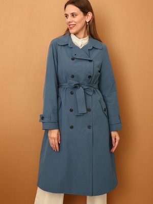 Mavi Kruvaze Yaka Kuşaklı Astarlı Trençkot