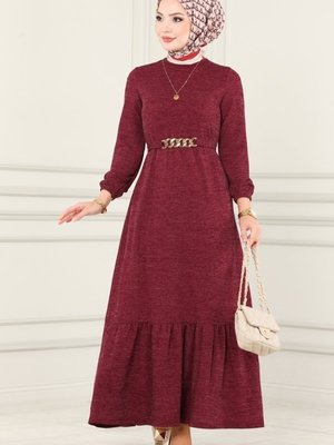 Bordo Zincir Kemerli Selanik Elbise Bordo Zincir Kemerli Selanik Elbise