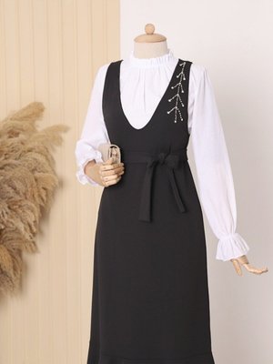 Yakası Taşlı Kemerli Eteği Fırfırlı Jile