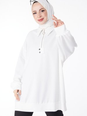 Düz Gömlek Yaka Beyaz Fermarlı Salaş Tunik