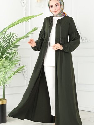 Haki Balon Kollu Medine İpeği Ferace