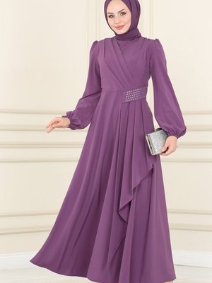 Koyu Lila Beli Drapeli Elbise