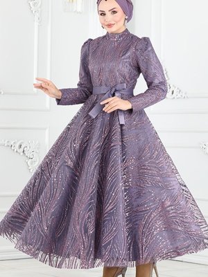 Lila Işıltılı Simli Tül Abiye Elbise