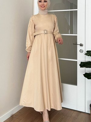 Bej Balon Kol Kemeri Tokalı Kloş Elbise
