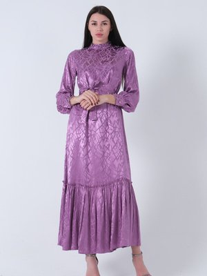 Lavanta Yakası Ve Kolları Taşlı Kuşaklı Abiye Elbise Lavanta Yakası Ve Kolları Taşlı Kuşaklı Abiye Elbise