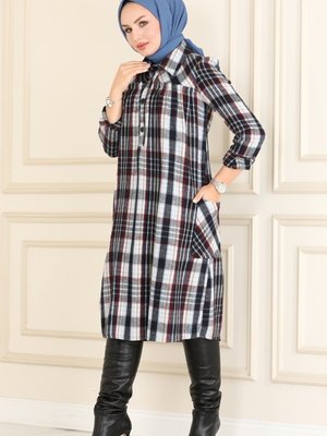 Bordo & Lacivert Yarım Düğmeli Ekose Tunik Bordo & Lacivert Yarım Düğmeli Ekose Tunik