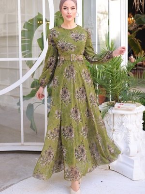 Kına Yeşili Desenli Kemerli Şifon Elbise