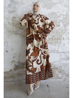 Kahve Gömlek Yaka Desenli Viskon Elbise Kahve Gömlek Yaka Desenli Viskon Elbise