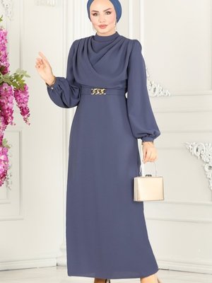 Koyu İndigo Degaje Yaka Kemerli Elbise