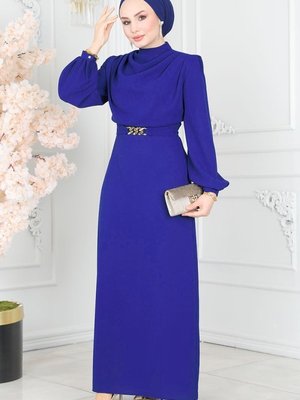 Saks Degaje Yaka Kemerli Elbise